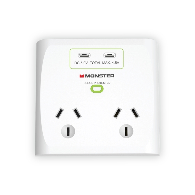 Monster Dual Socket Surge Protector with Dual USB-C Ports - White/Product Detail/Electronics