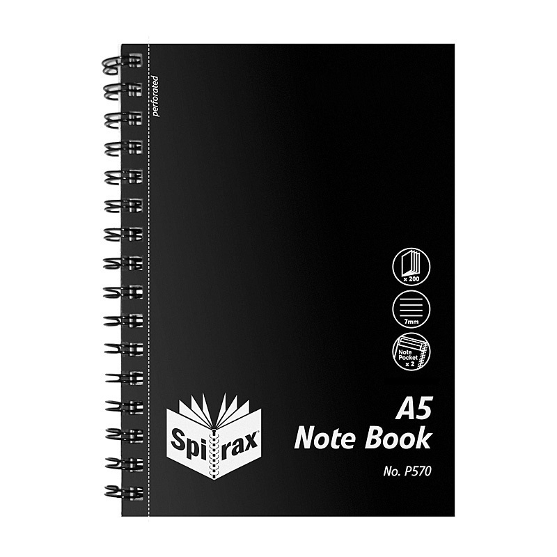 Spirax P570 PP Notebook A5 200 Pg Black S/O Pk5/Product Detail/Stationery