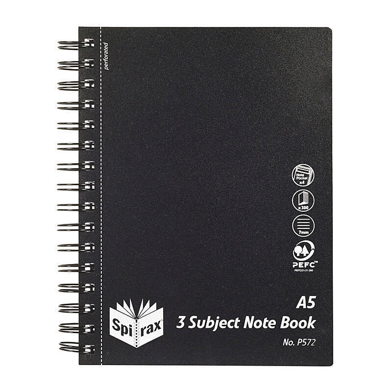 Spirax P572 PP 3 Subject Book A5 300P Blk S/O Pk5/Product Detail/Stationery