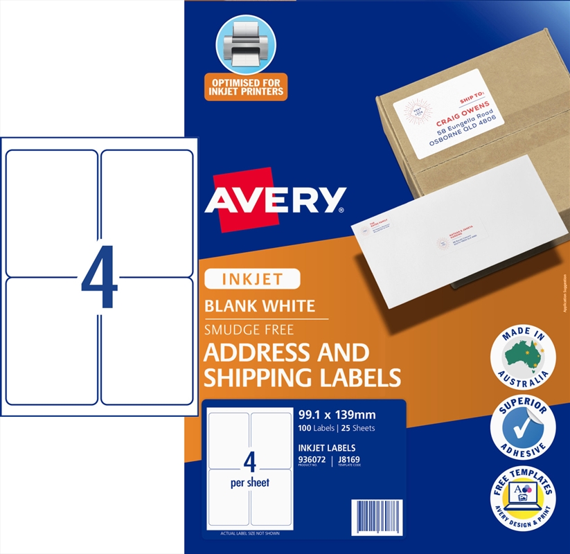AV Inkjet Label J8169 4UP Pk25/Product Detail/Stationery