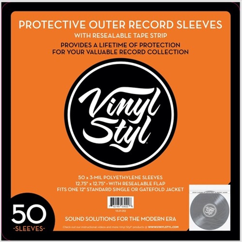 Vinyl Styl®VS-P-012  12 Inch Outer Record Sleeves - Resealable Flap - 50 Count (Clear)/Product Detail/Storage