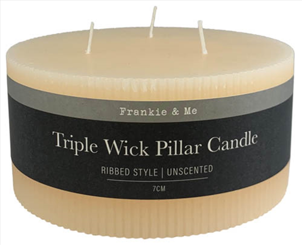 Candle Pillar Triple Wick Rib 7 cm Ivry/Product Detail/Candles