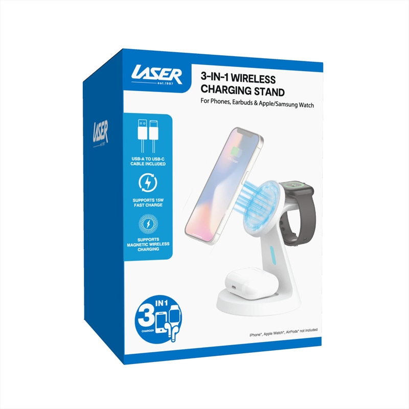 Laser 3 in 1 Wireless Charging Stand with Apple/Samsung Watch Charger – White/Product Detail/Consoles & Accessories