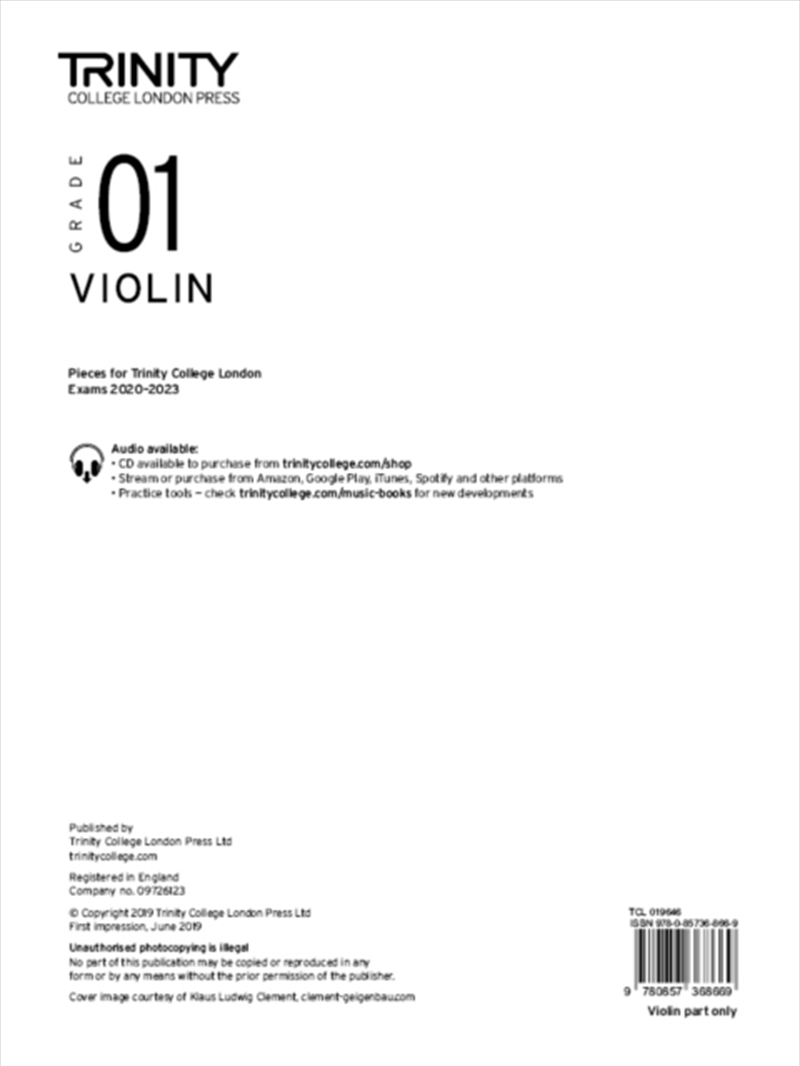 Trinity College London Violin Exam Pieces From 2020: Grade 1 (Part Only)/Product Detail/Media