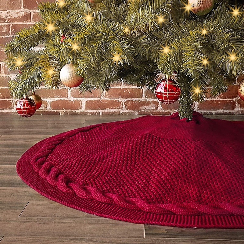 Festive Knit Christmas Tree Skirt - Acrylic Red Tree Mat with Pom-Poms 122cm/Product Detail/Decor