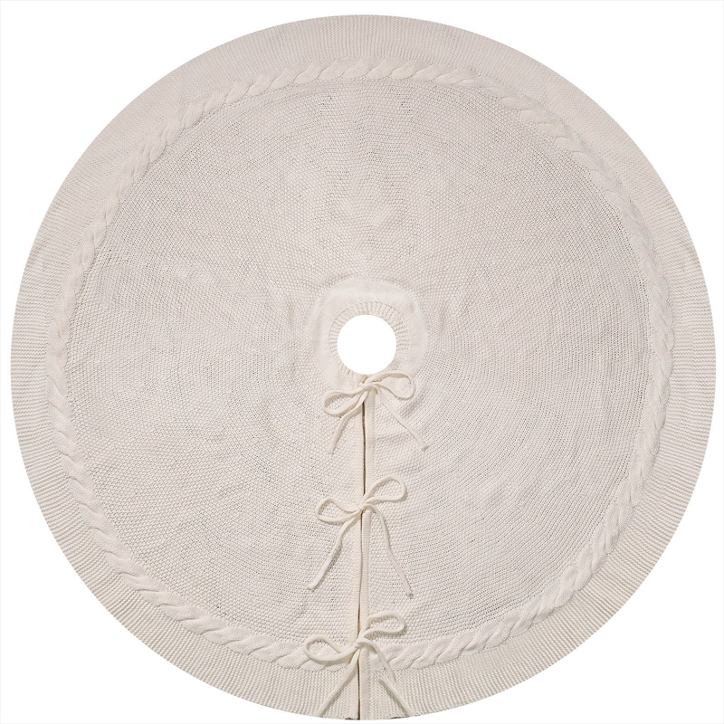 White Luxury Knit Christmas Tree Skirt with Cable-Knit Border - 122cm/Product Detail/Decor