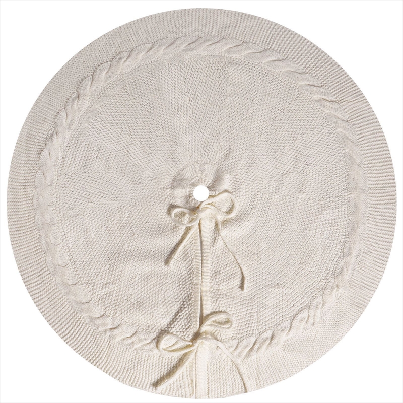 White Luxury Knit Christmas Tree Skirt with Cable-Knit Border - 62cm/Product Detail/Decor