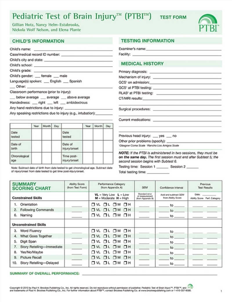 Pediatric Test of Brain Injury/Product Detail/Healthcare
