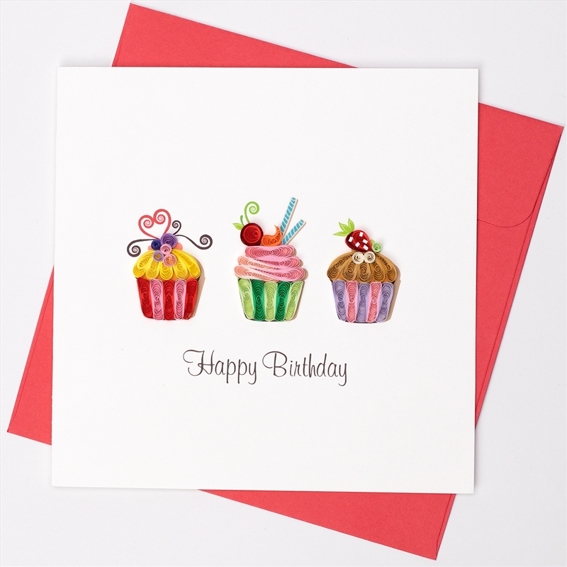 Quilled Greeting Card Happy Birthday 3 Cupcakes Red 15x15cm/Product Detail/Greeting Cards