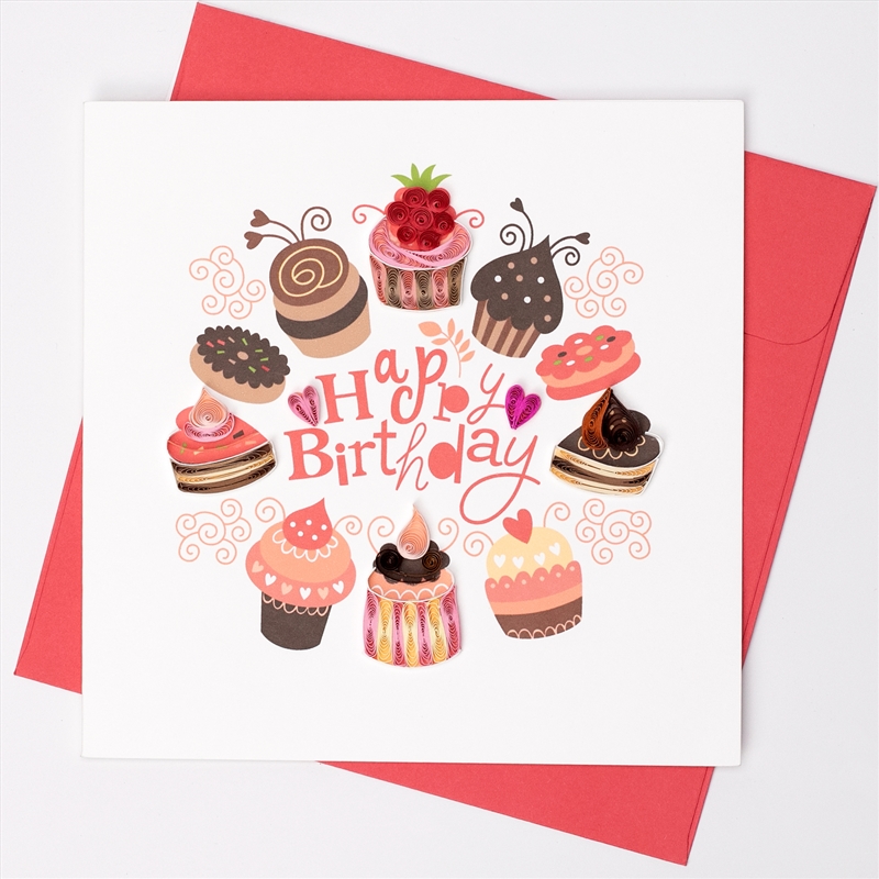 Quilled Greeting Card Happy Birthday Pink Cakes and Cupcakes 15x15cm/Product Detail/Greeting Cards