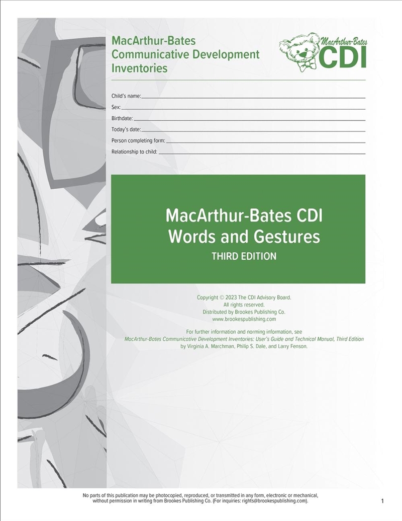 MacArthur-Bates Communicative Development Inventories (CDI) Words and Gestures Forms/Product Detail/Teaching