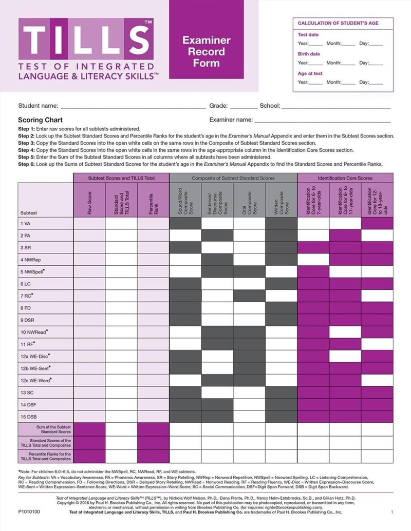 Test of Integrated Language and Literacy Skills (R) (TILLS (R)) Examiner Record Form/Product Detail/Teaching