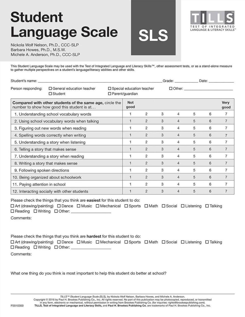 Test of Integrated Language and Literacy Skills (R) (TILLS (R)) Student Language Scale/Product Detail/Teaching