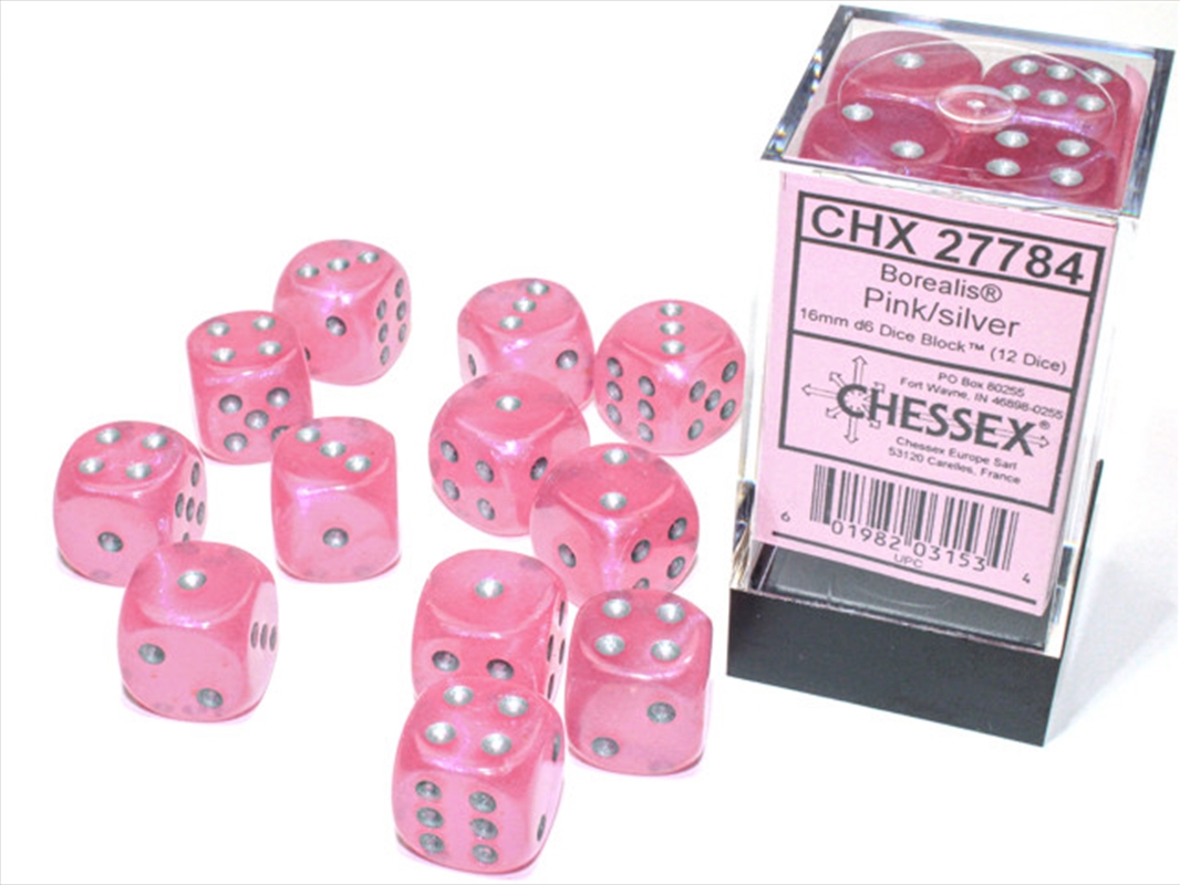 Chessex Borealis 16mm D6 Pink/silver Luminary Dice Block (12 dice)/Product Detail/Dice Games