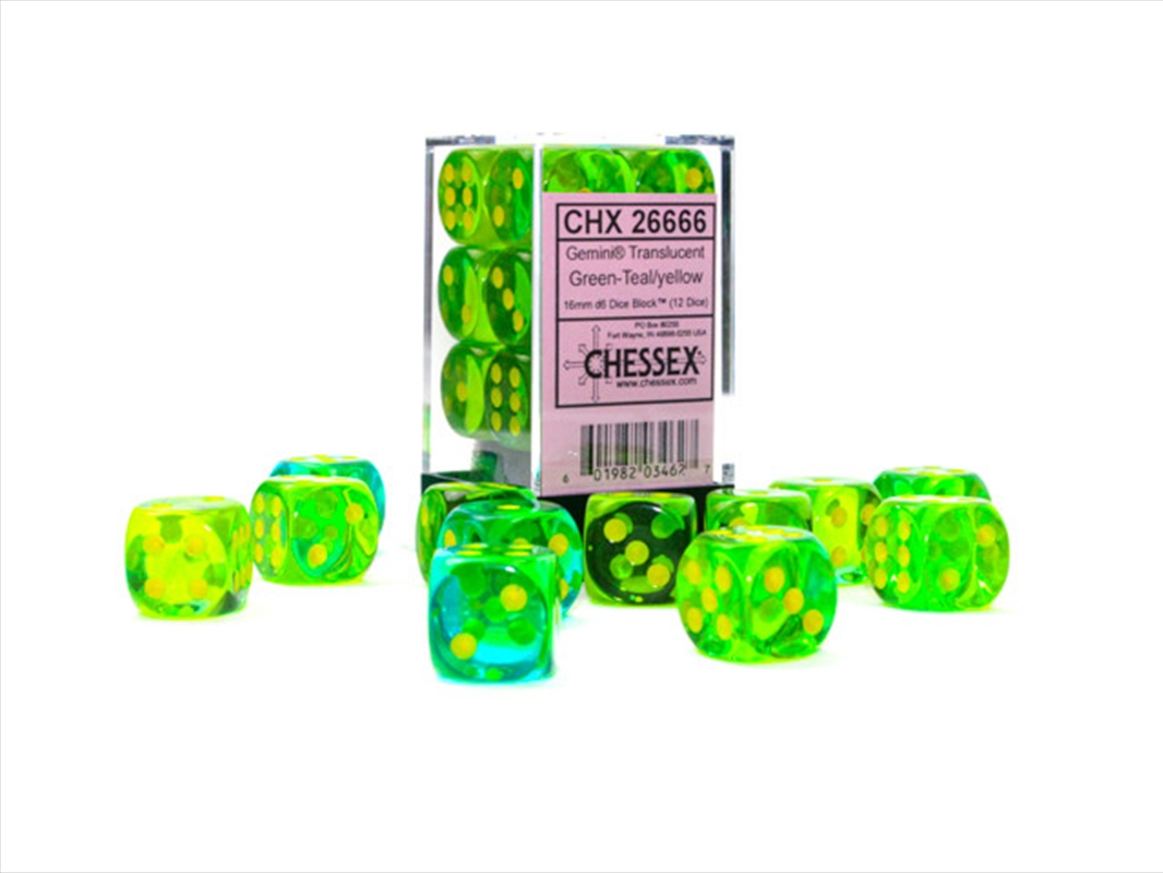 Chessex Gemini 16mm D6 Translucent Green-Teal/yellow Dice Block (12 dice)/Product Detail/Dice Games