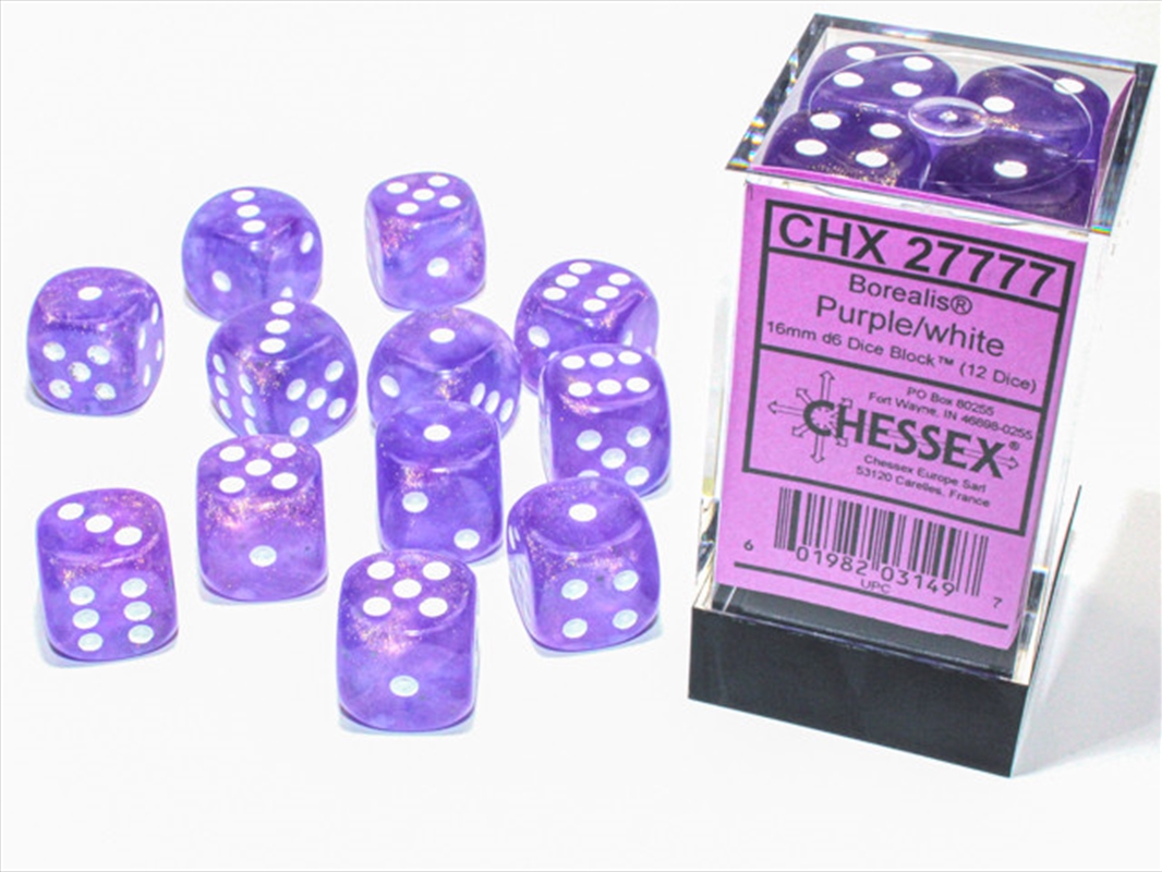 Chessex Borealis 16mm D6 Purple/white Luminary Dice Block (12 dice)/Product Detail/Dice Games