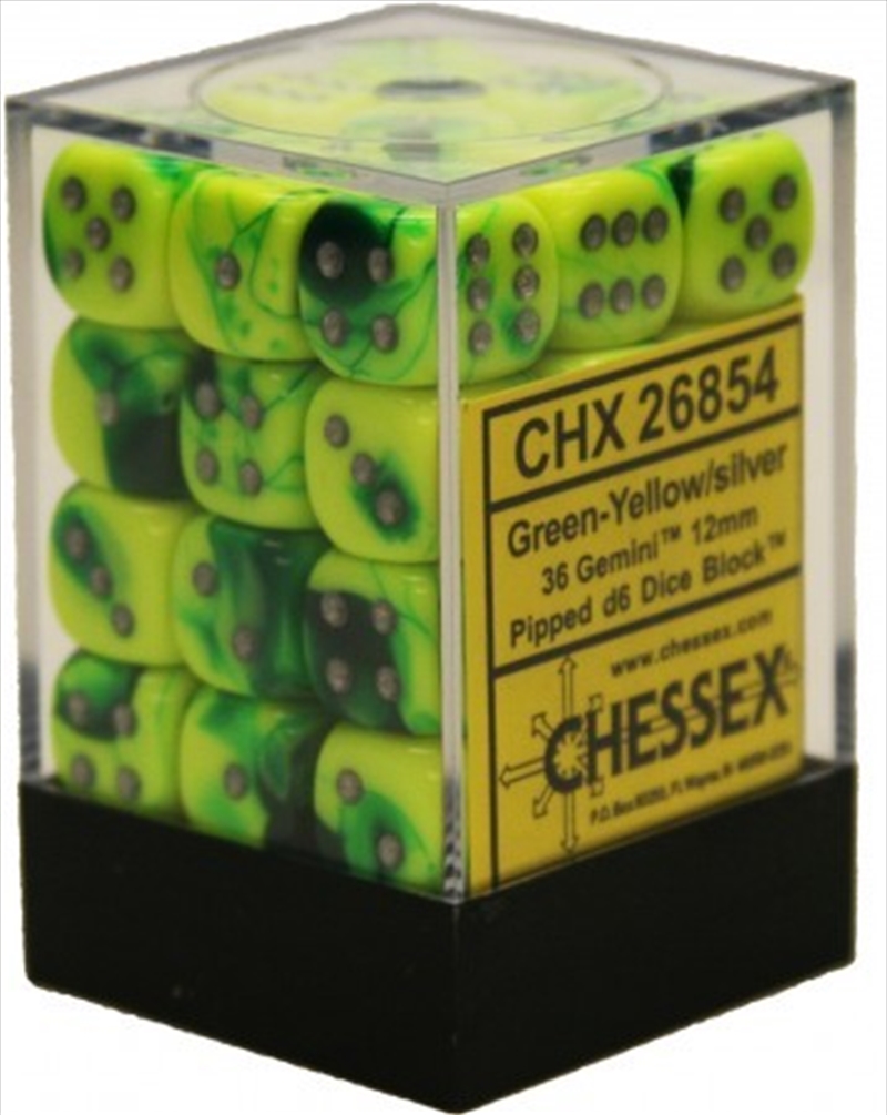 Chessex 12mm D6 Dice Block Gemini Green-Yellow/Silver/Product Detail/Dice Games