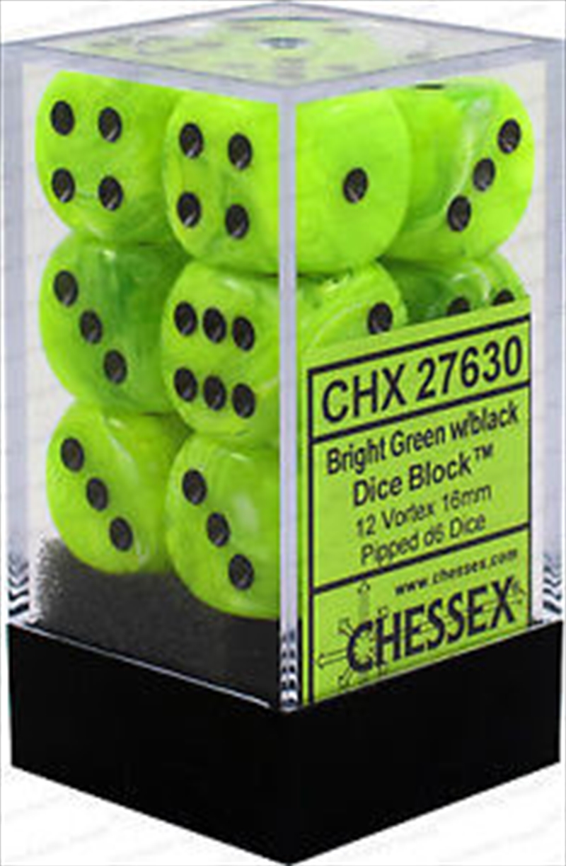 Chessex 16mm D6 Dice Block Vortex Bright Green/Black/Product Detail/Dice Games