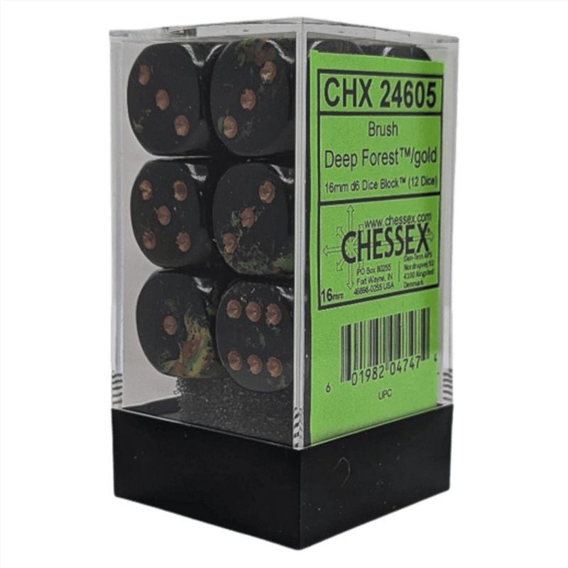 Chessex: Brush Deep Forest/Gold 16mm D6 Dice Block (12 Dice)/Product Detail/Dice Games
