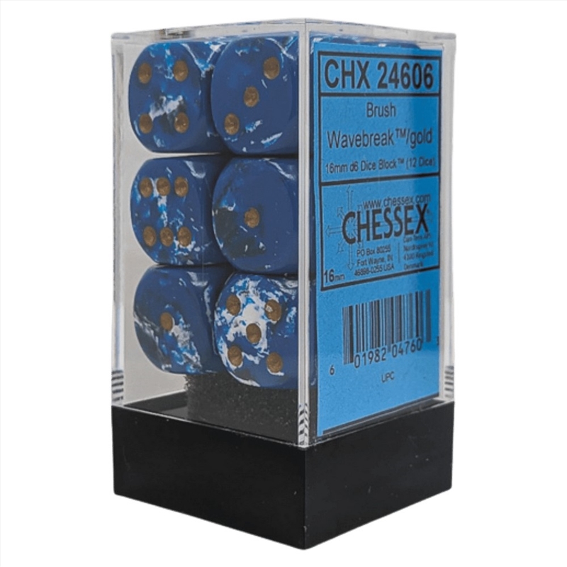 Chessex: Brush Wavebreak/Gold 16mm D6 Dice Block (12 Dice)/Product Detail/Dice Games