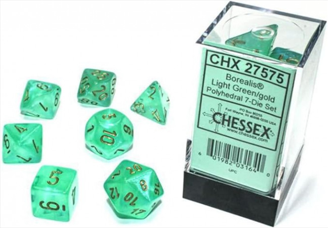 Chessex Polyhedral 7-Die Set Borealis Light Green/Gold (Luminary Effect)/Product Detail/Dice Games