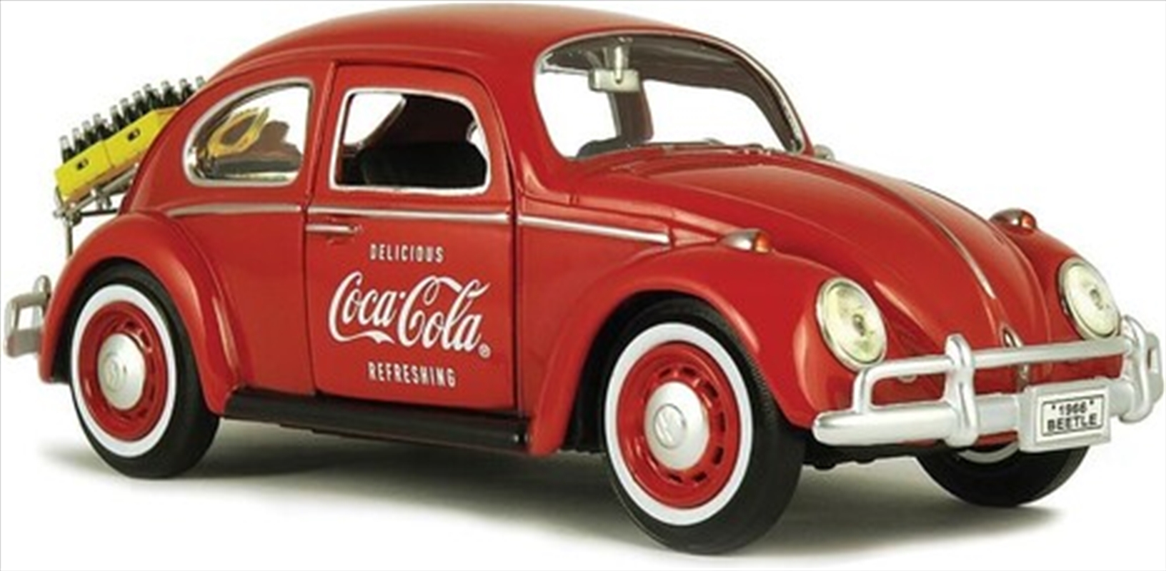 Coca-Cola Motor City Classics: 1966 VW Beetle with rear luggage rack & 2 bottle cases 1:24 Scale Die/Product Detail/Figurines