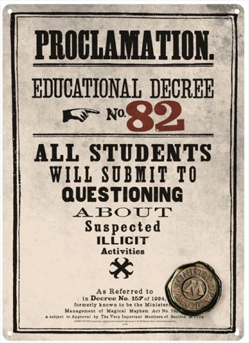 Harry Potter - Tin Sign Small Decree 82/Product Detail/Posters & Prints