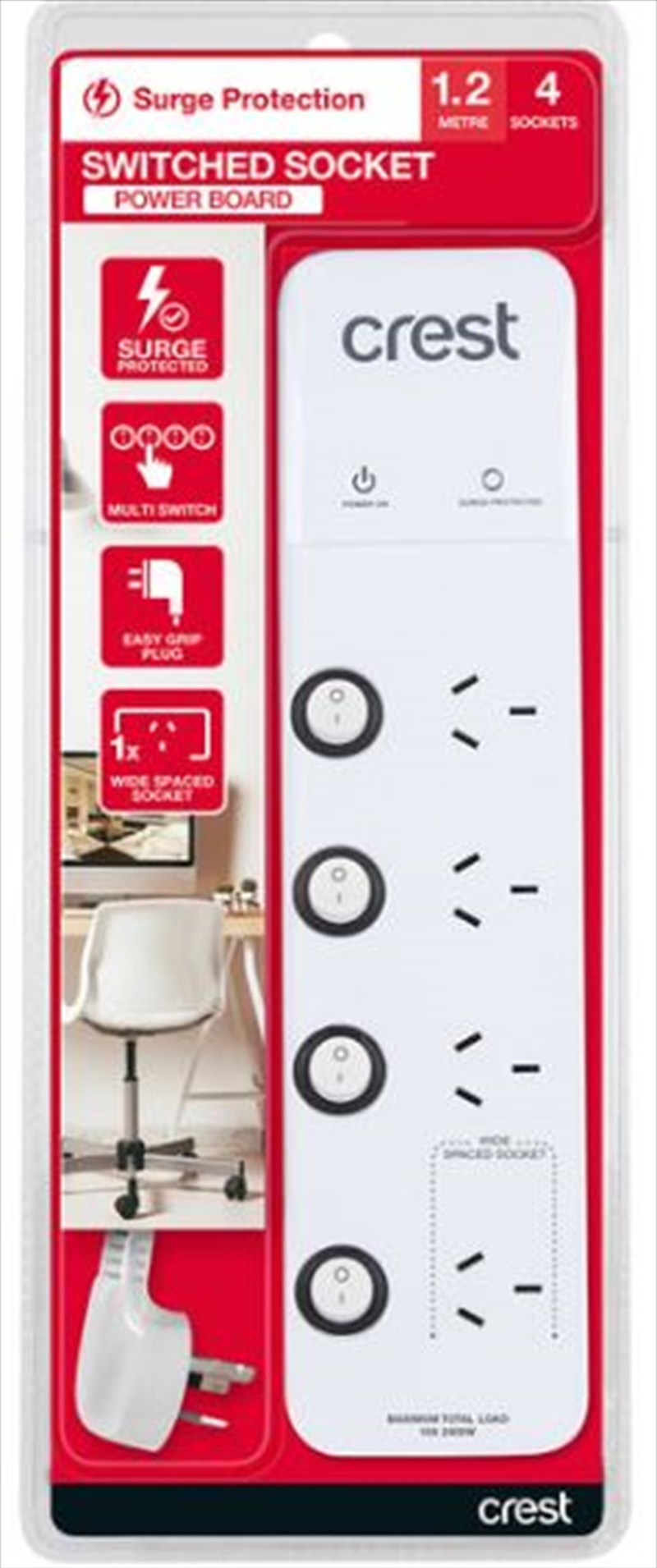 Crest Power Board Surge - 4 Sockets / 4 Switches - 1.2M/Product Detail/Power Adaptors