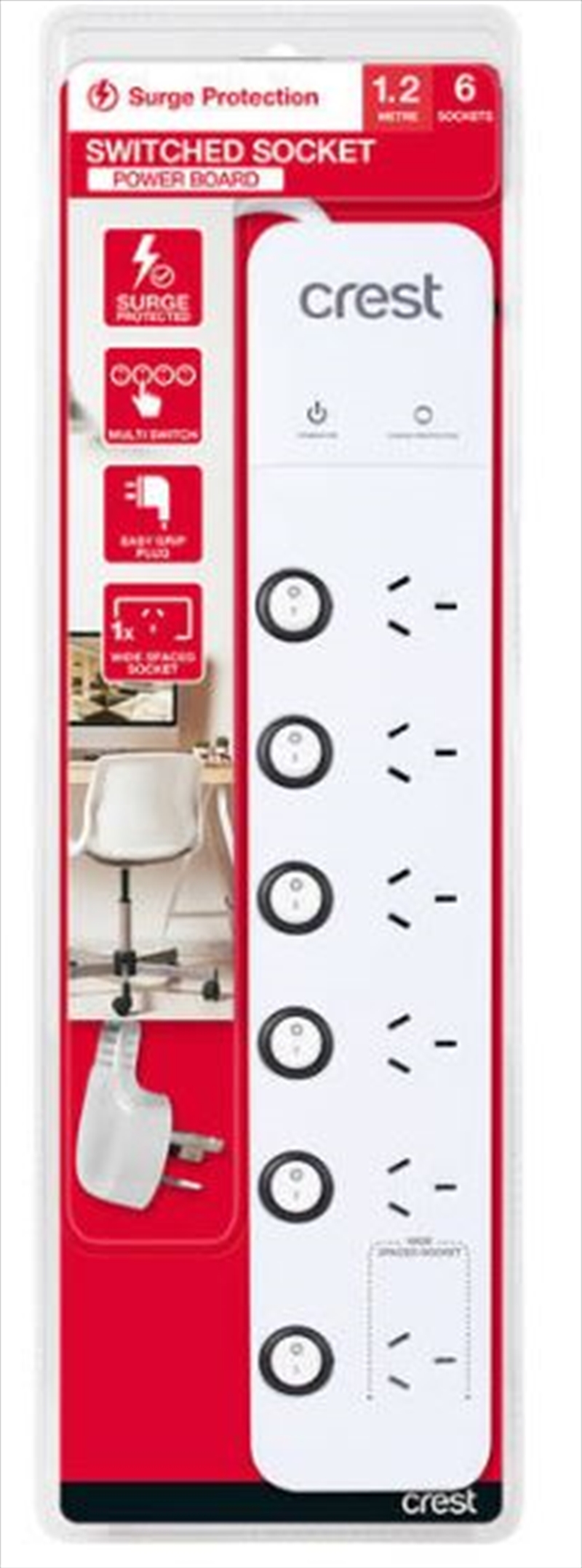 Crest Power Board Surge 6 Sockets / 6 Switches - 1.2M/Product Detail/Power Adaptors