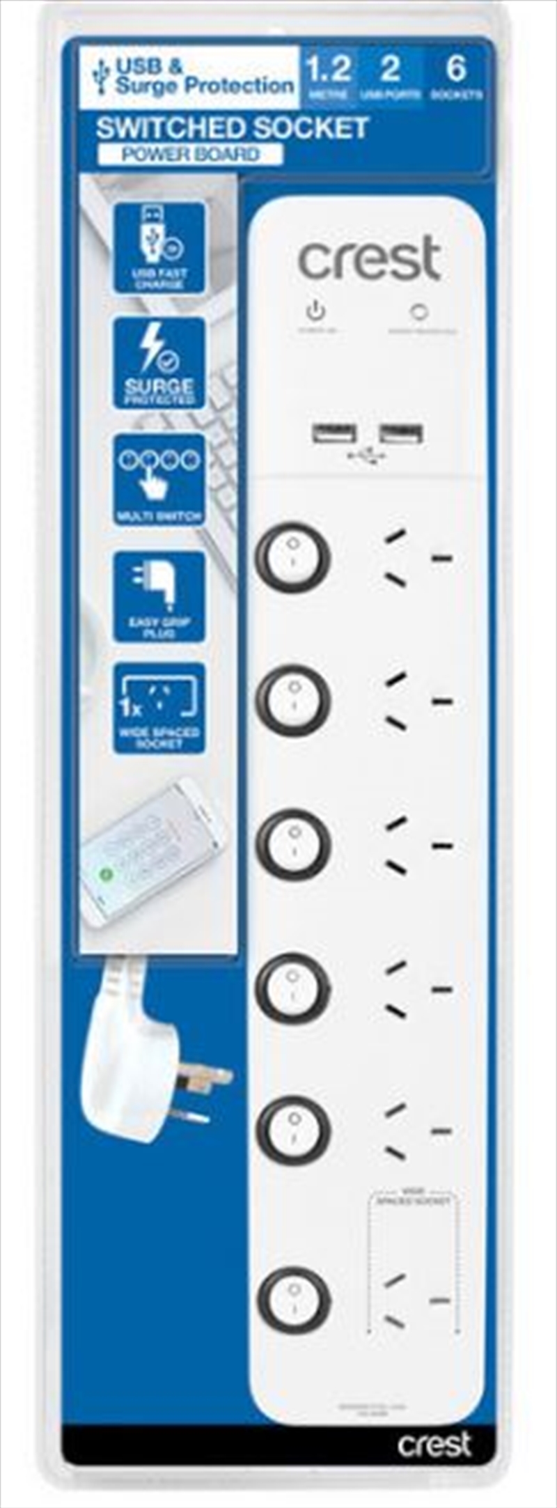 Crest USB Power Board Surge 6 Socket / 6 Switch / 2 Ports - 1.2M/Product Detail/Power Adaptors
