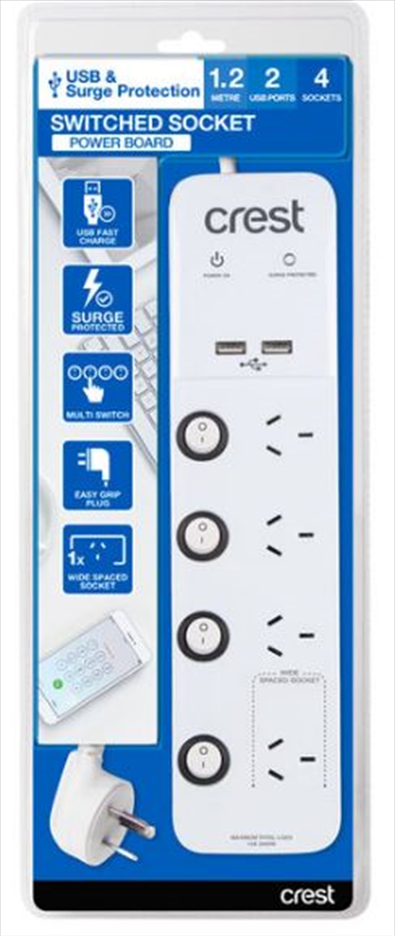 Crest USB Power Board Surge 4 Socket / 4 Switch / 2 Ports - 1.2M/Product Detail/Power Adaptors