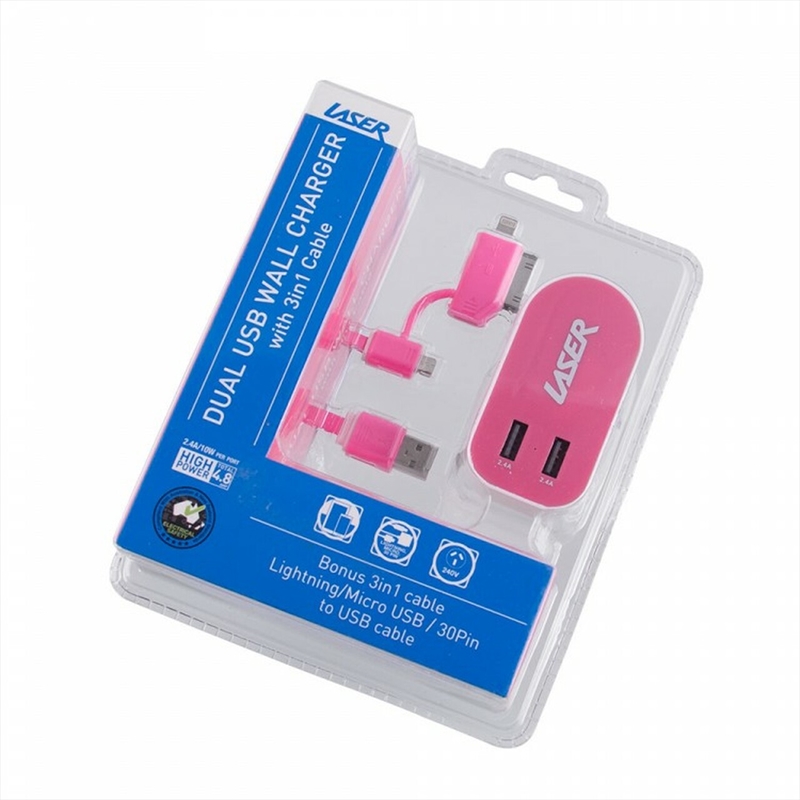 Laser - 2.4a Car Charger With 3 In 1 Charging Cable - Pink/Product Detail/Power Adaptors