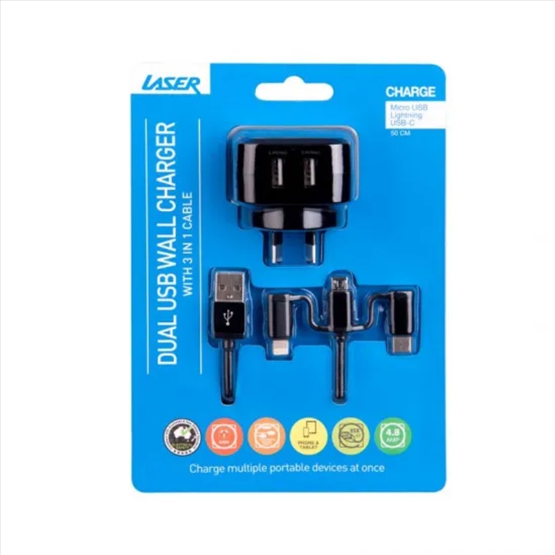 Dual USB AC Charger with 3 in 1 Charging Cable BLACK/Product Detail/Cables