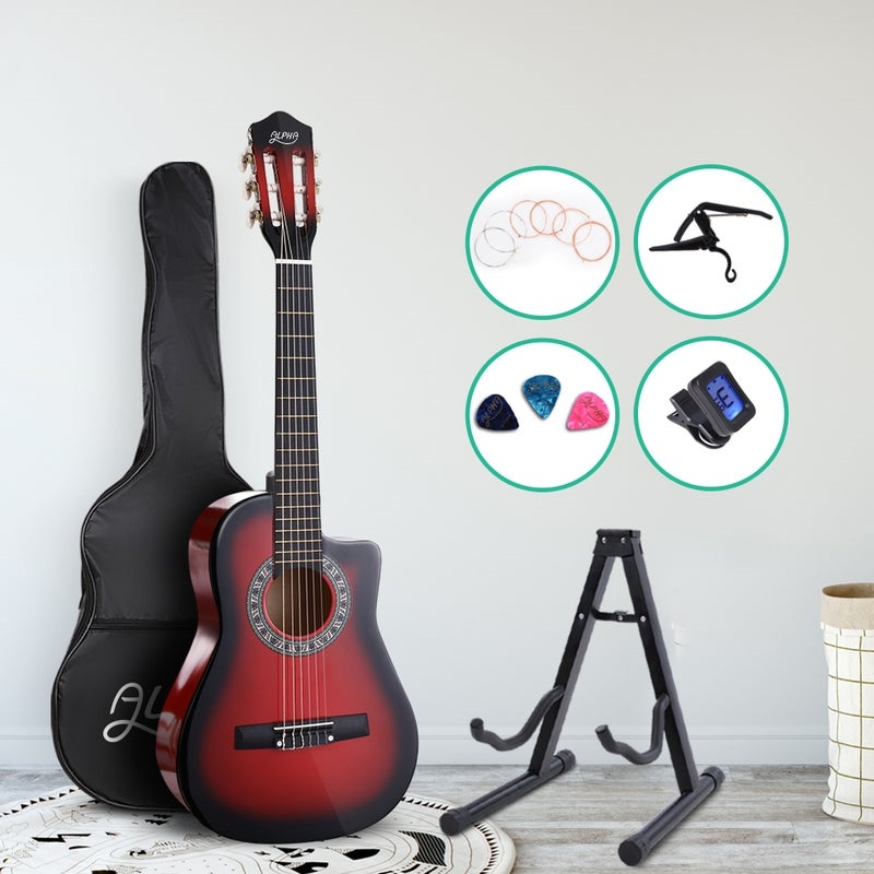 Alpha 34-inch Child Acoustic Guitar + Capo - Red/Product Detail/String Instruments