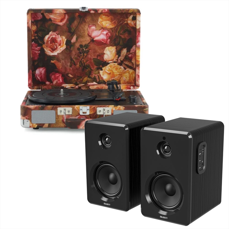 Crosley Cruiser Bluetooth Portable Turntable - Floral + Bundled Majority D40 Bluetooth Speakers - Bl | Hardware Electrical