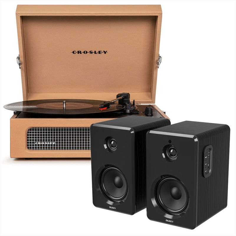 Crosley Voyager Bluetooth Portable Turntable - Tan + Bundled Majority D40 Bluetooth Speakers - Black | Hardware Electrical