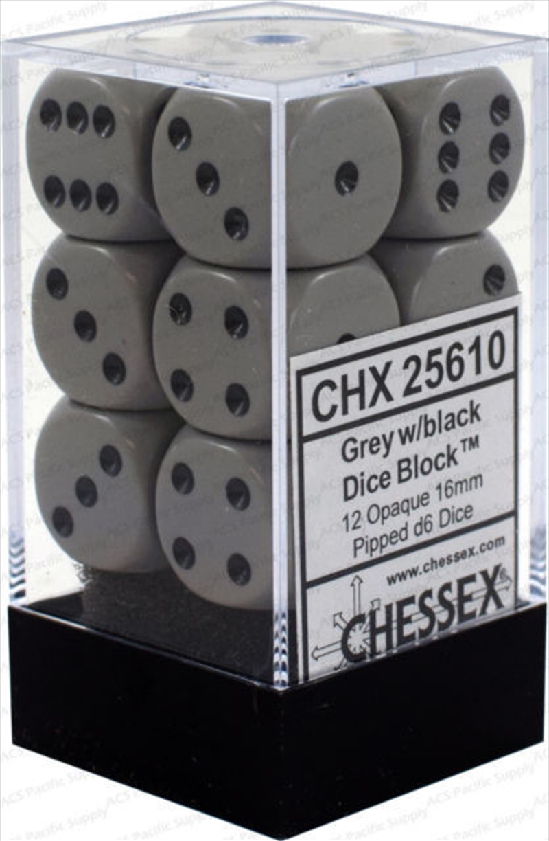 Chessex Opaque 16mm D6 Grey/black Dice Block (12 dice)/Product Detail/Games Accessories