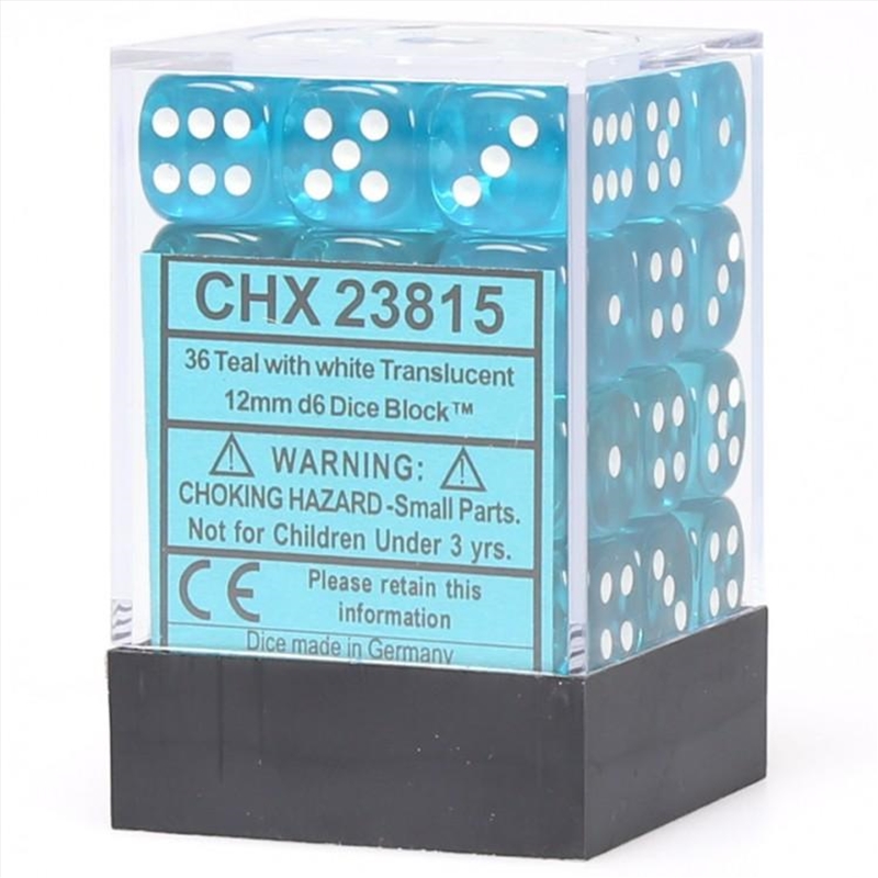 CHX 23815 Translucent 12mm d6 Teal/White Block (36)/Product Detail/Dice Games