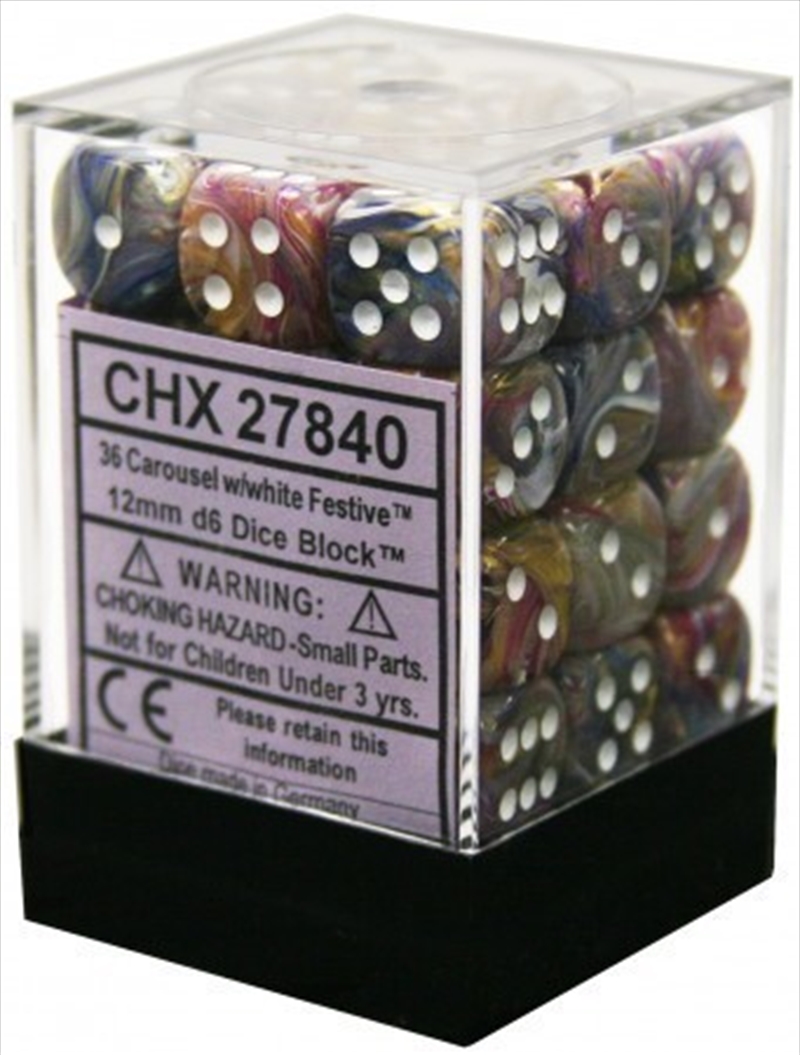 Chessex: CHX 27840 Festive 12mm d6 Carousel/White Block (36)/Product Detail/Dice Games