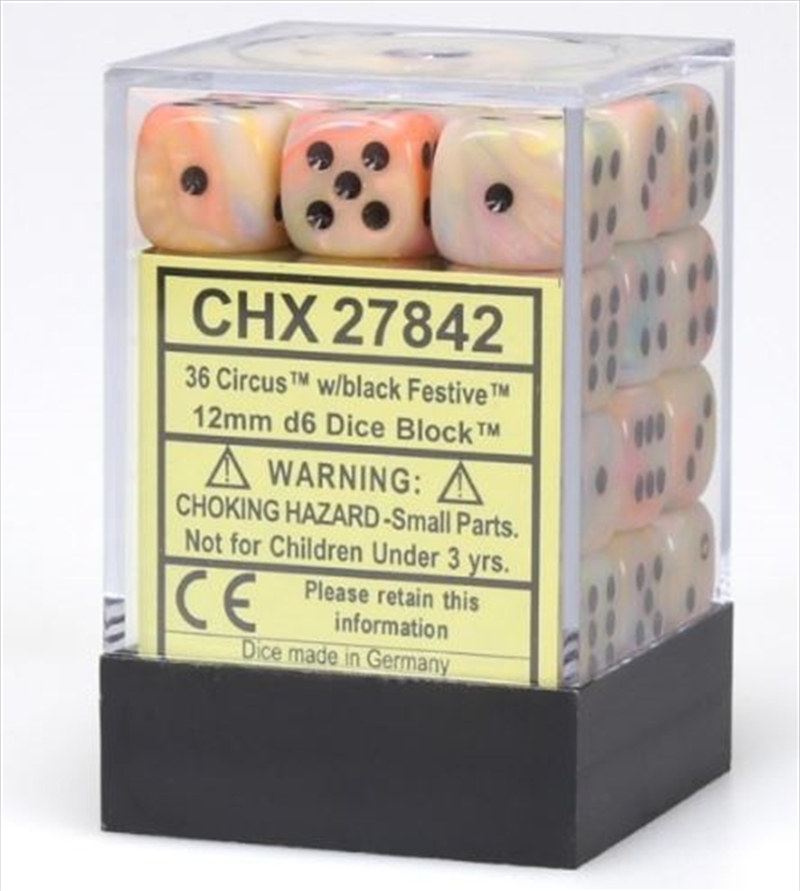 Chessex: CHX 27842 Festive 12mm d6 Circus/Black Block (36)/Product Detail/Dice Games