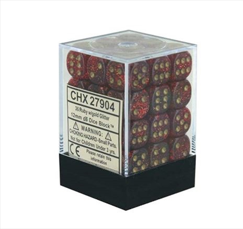 Chessex: CHX 27904 Glitter 12mm d6 Ruby/Gold Block (36)/Product Detail/Dice Games