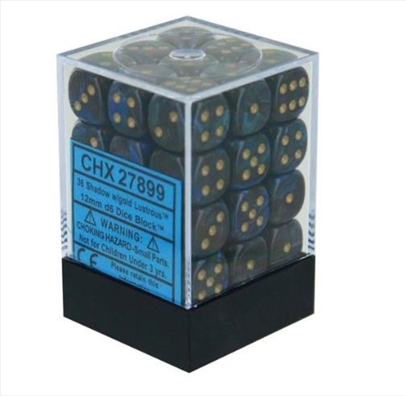 Chessex: CHX 27899 Lustrous 12mm d6 Shadow/Gold Block (36)/Product Detail/Dice Games