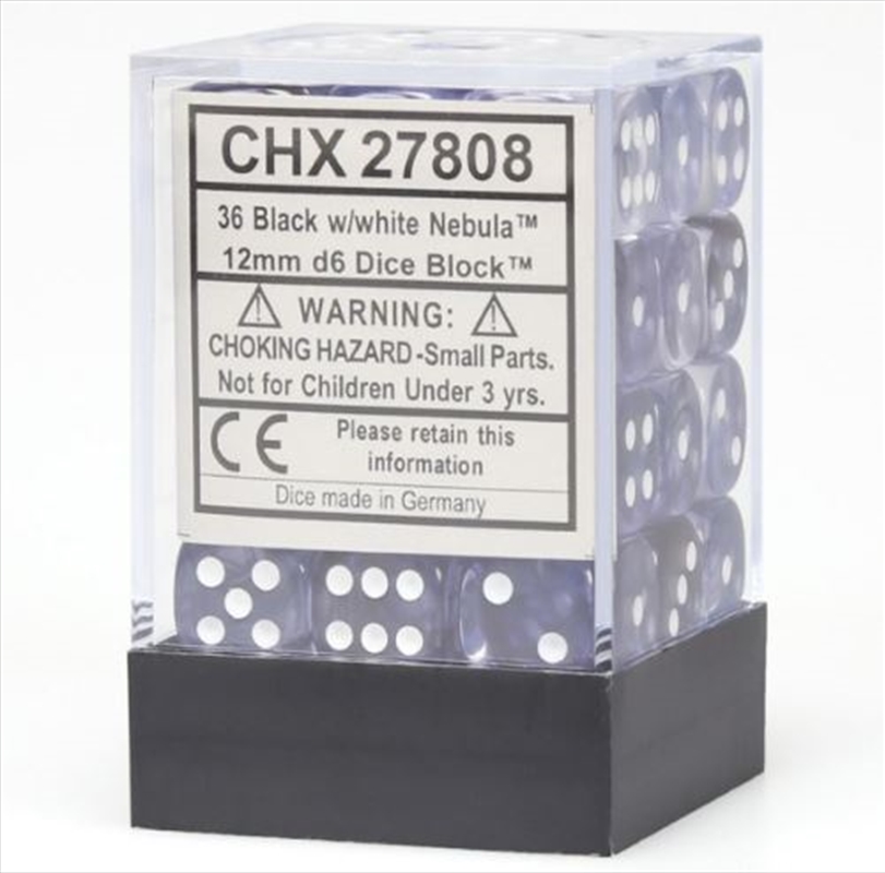 Chessex: CHX 27808 Nebula 12mm d6 Black/White Block (36)/Product Detail/Dice Games