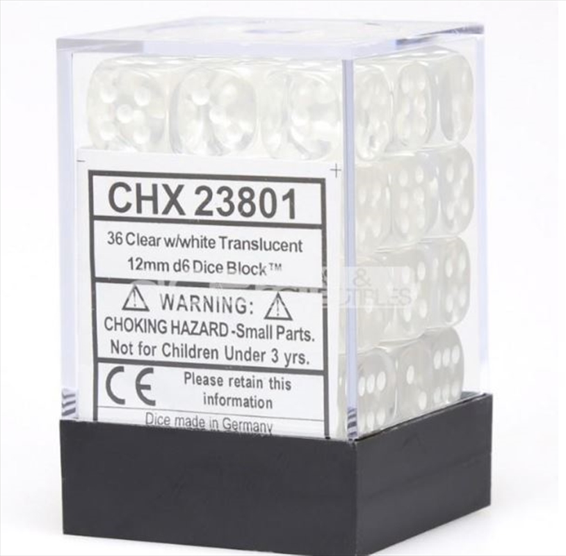 Chessex: CHX 23801 Translucent 12mm d6 Clear/White Block (36)/Product Detail/Dice Games