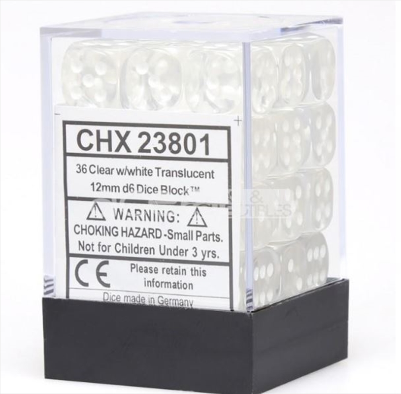 Chessex 12mm D6 Dice Block Translucent Clear/White/Product Detail/Dice Games