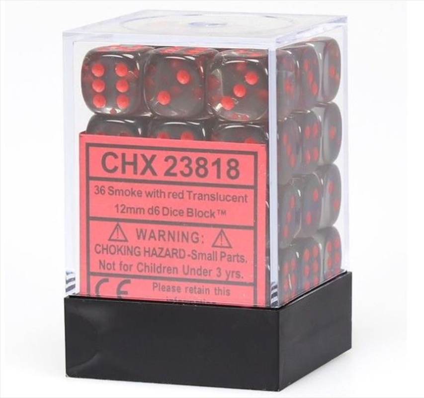 Chessex: CHX 23818 Translucent 12mm d6 Smoke/Red Block (36)/Product Detail/Dice Games