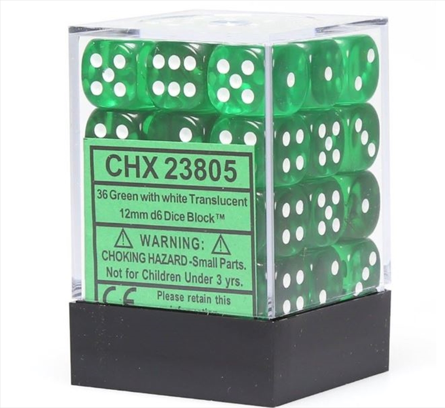 Chessex: CHX 23805 Translucent 12mm d6 Green/white Block (36)/Product Detail/Dice Games