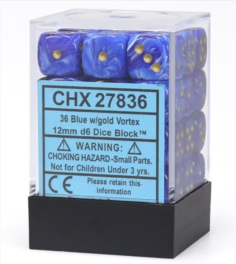 Chessex: CHX 27836 Vortex 12mm d6 Blue/Gold Block (36)/Product Detail/Dice Games