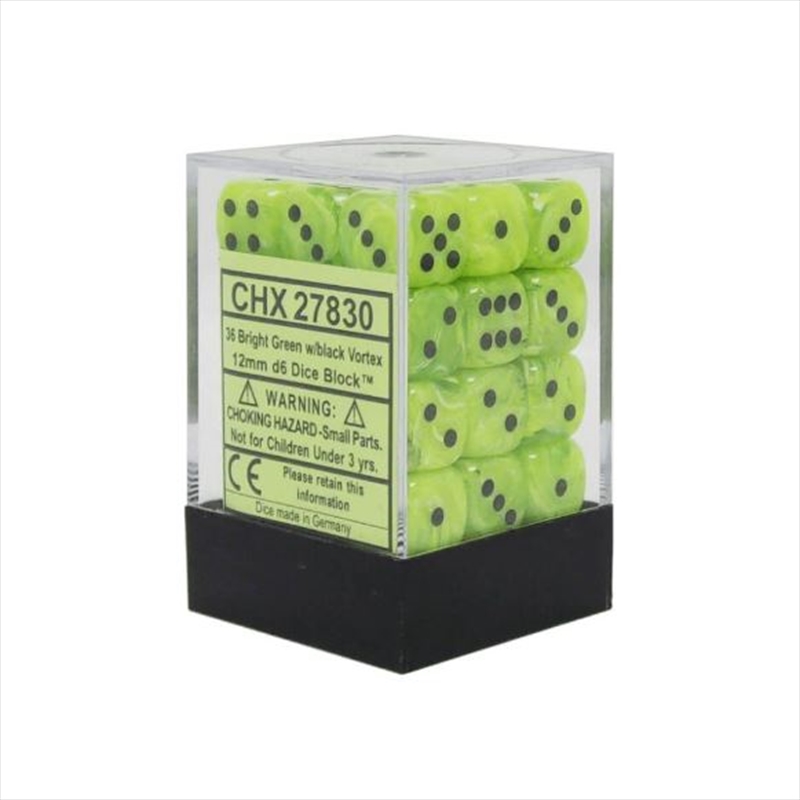 Chessex: CHX 27830 Vortex 12mm d6 Bright Green/Black Block (36)/Product Detail/Dice Games