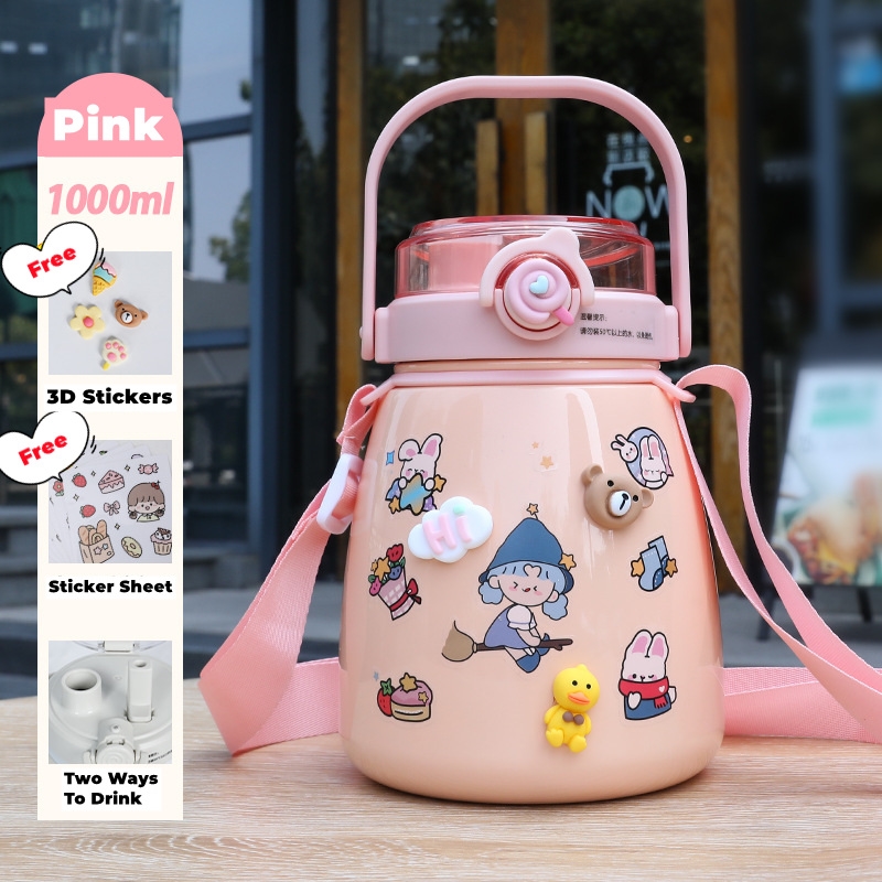 1000ml Large Water Bottle Stainless Steel Straw Water Jug with FREE Sticker Packs (Pink)/Product Detail/Drink Bottles